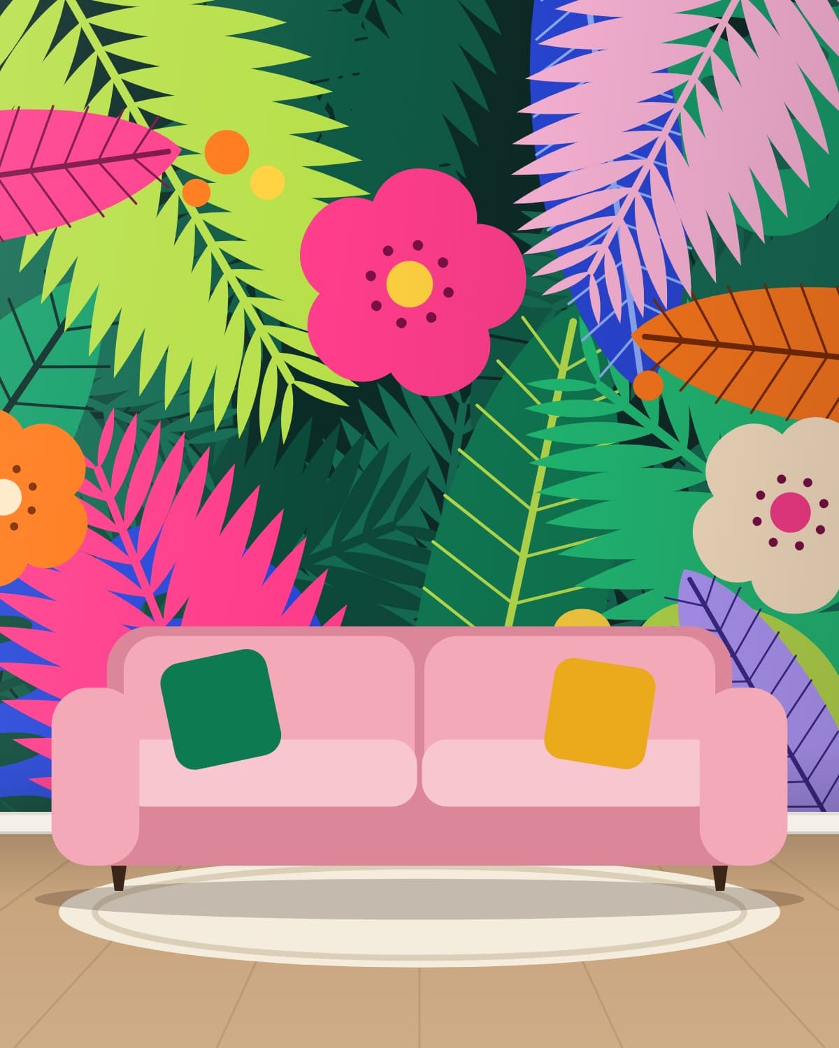 Hothouse mural across a living room wall behind a pink sofa