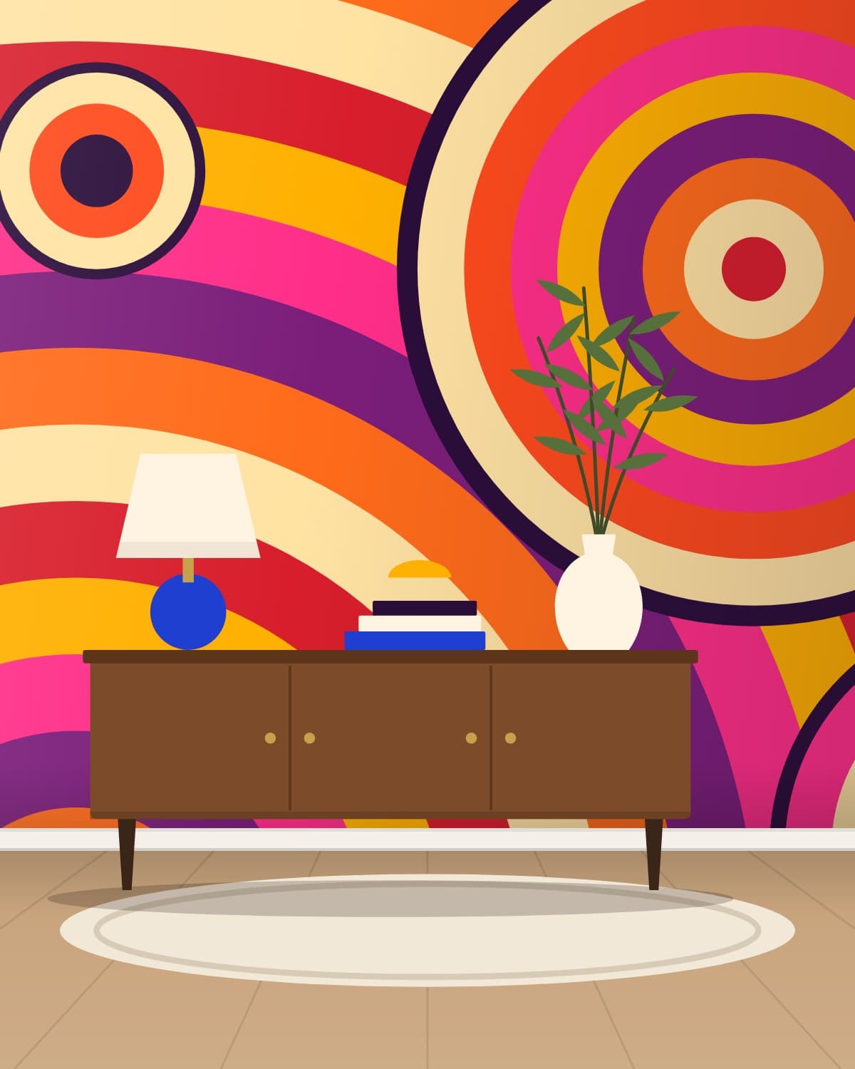 Solstice mural on a wall behind a wooden sideboard and a cream armchair