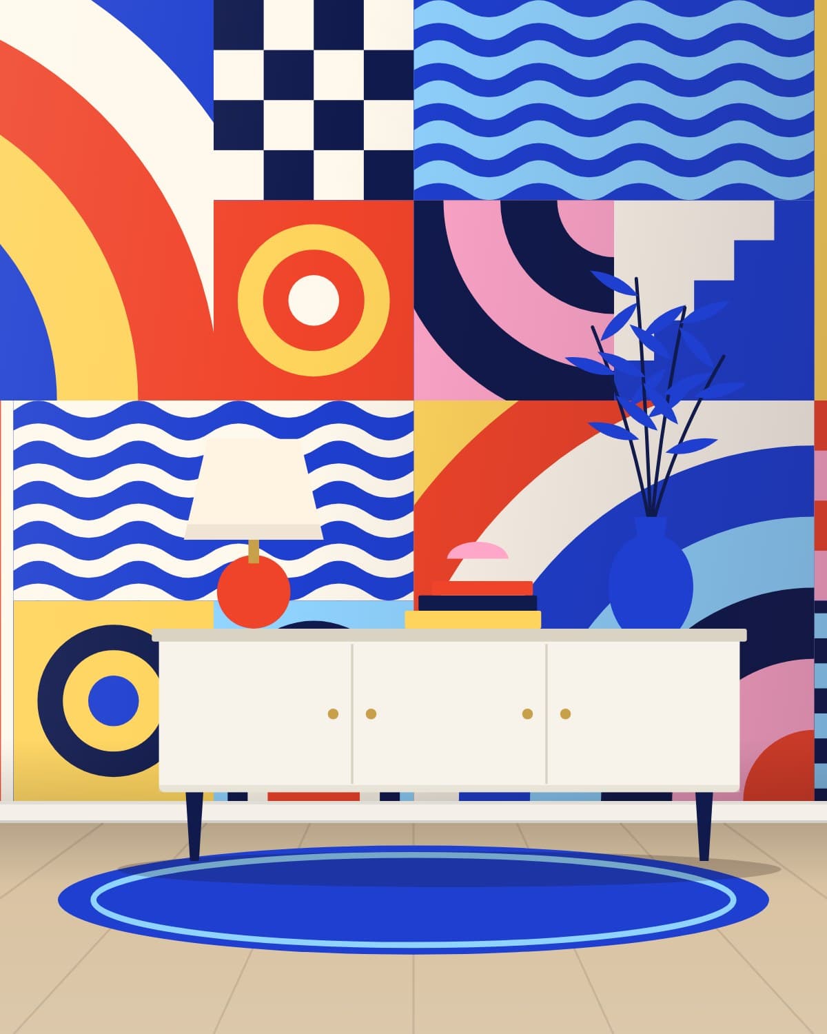 Lido mural across a wall behind a white sideboard and a yellow armchair