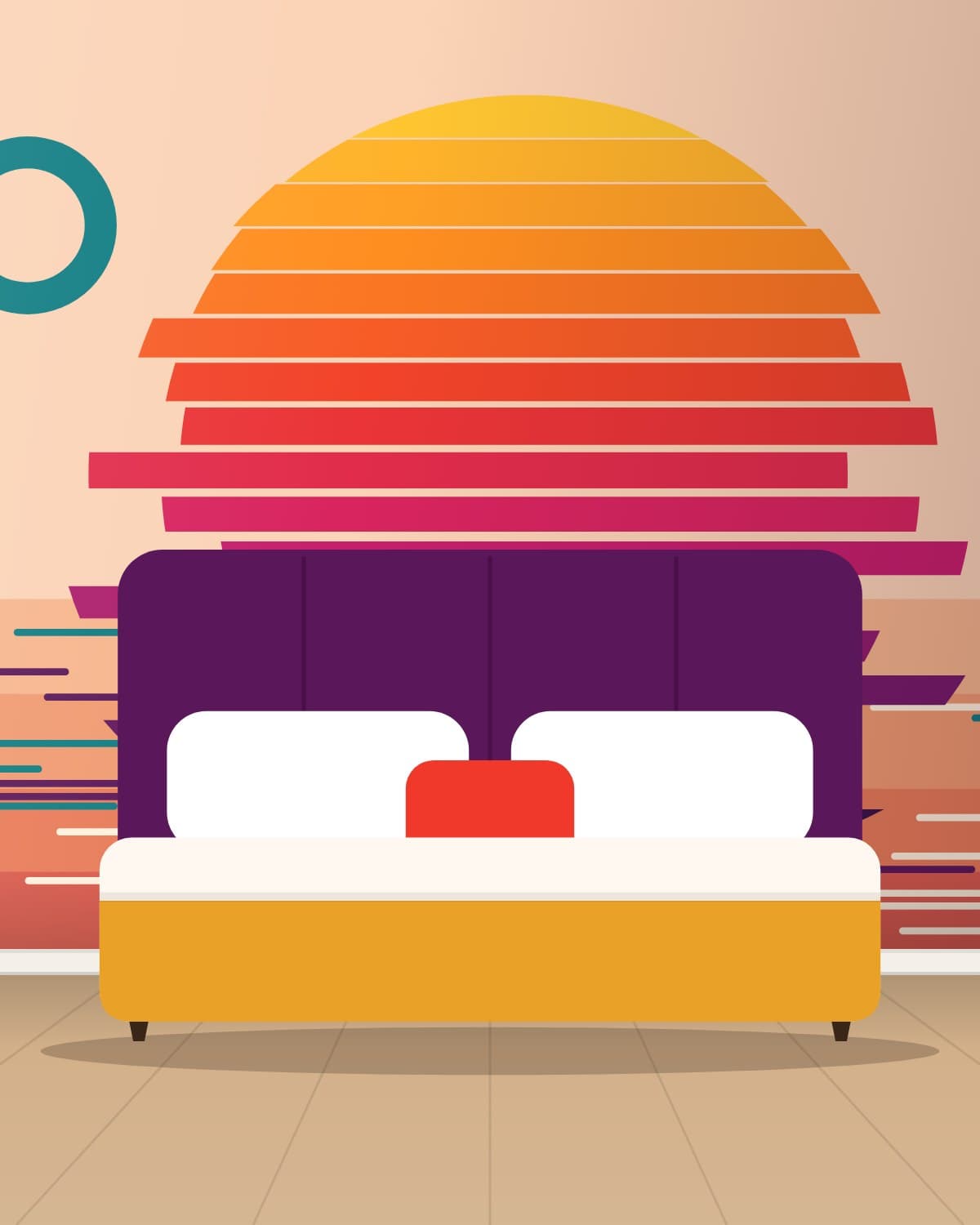 Mirage mural on a bedroom wall behind a bed with a purple headboard