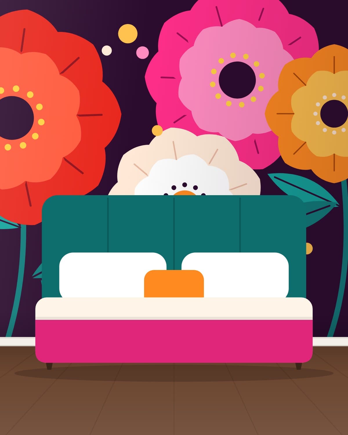 Scorcher mural on a bedroom wall behind a bed with a green headboard